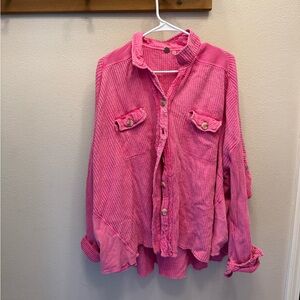 Free People One Scout Pink Waffle Oversized Jacket Button Up Large Pink